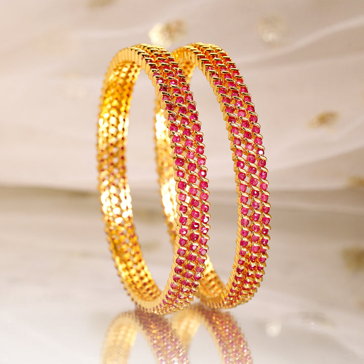 Rubans Set of 6, 22K Gold-Plated Ruby Pink Stone Studded Handcrafted Bangles