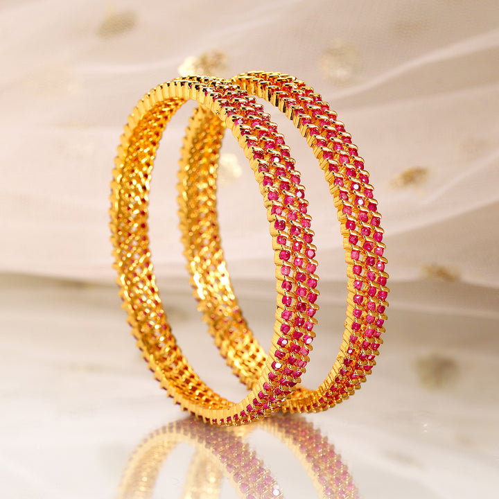 Rubans Set of 6, 22K Gold-Plated Ruby Pink Stone Studded Handcrafted Bangles