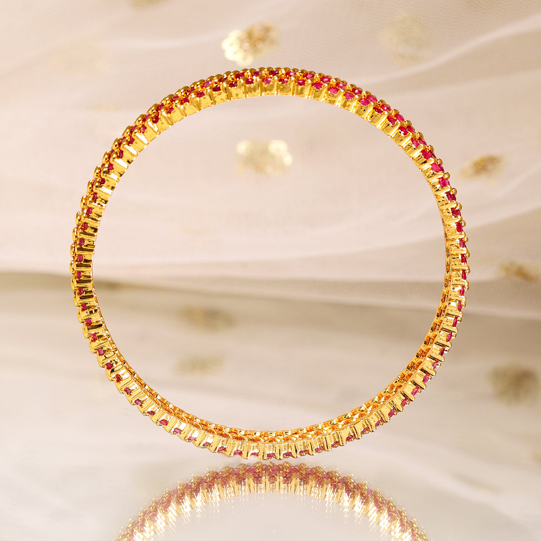 Rubans Set of 6, 22K Gold-Plated Ruby Pink Stone Studded Handcrafted Bangles