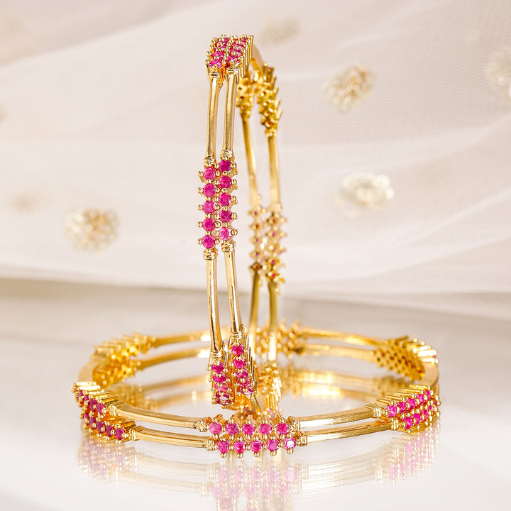 Rubans Set of 4, 22K Gold-Plated Ruby Pink Stone Studded Handcrafted Bangles