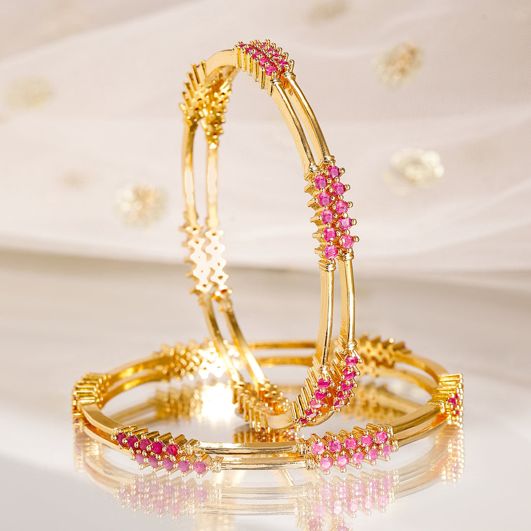 Rubans Set of 4, 22K Gold-Plated Ruby Pink Stone Studded Handcrafted Bangles