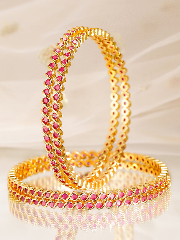 Rubans Set of 4, 22K Gold-Plated Ruby Pink Stone Studded Handcrafted Bangles