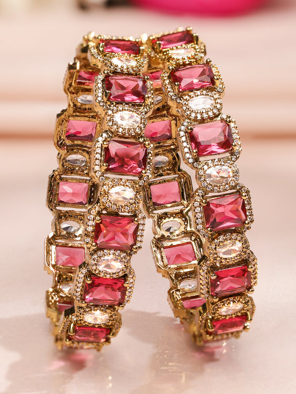 Rubans Set of 2 22K Gold-Plated Ruby Pink & White Cubic Zirconia Studded Premium Bangles