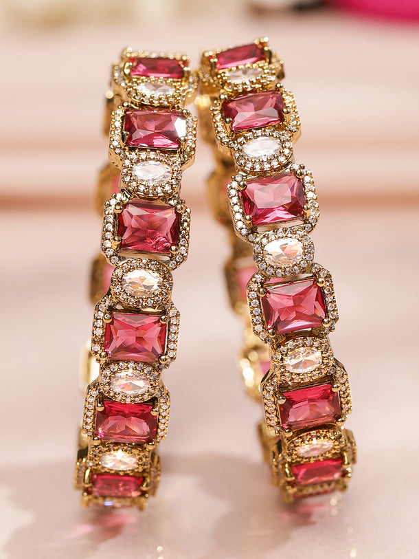 Rubans Set of 2 22K Gold-Plated Ruby Pink & White Cubic Zirconia Studded Premium Bangles