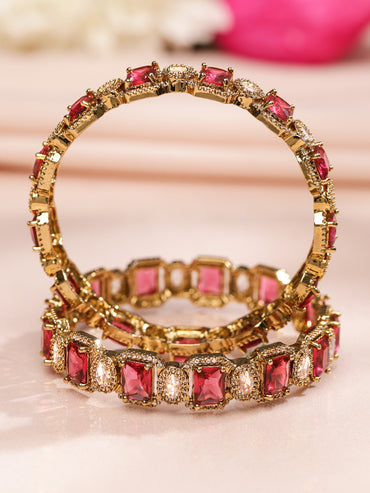 Rubans Set of 2 22K Gold-Plated Ruby Pink & White Cubic Zirconia Studded Premium Bangles