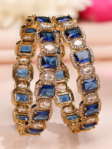 Rubans Set of 2 22K Gold-Plated Blue Sapphire & White Cubic Zirconia Studded Premium Bangles