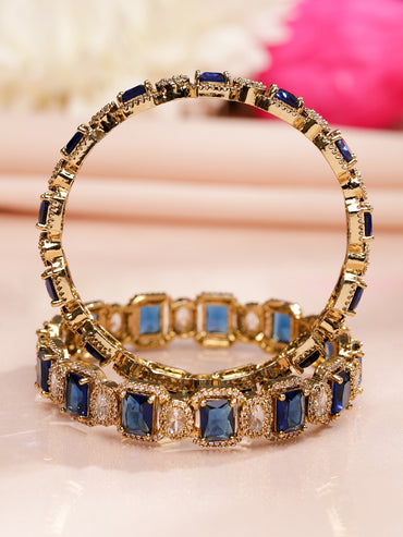 Rubans Set of 2 22K Gold-Plated Blue Sapphire & White Cubic Zirconia Studded Premium Bangles