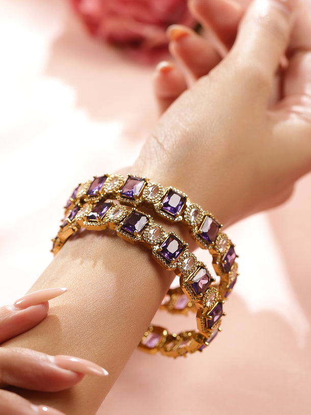 Rubans Set of 2 22K Gold-Plated Amethyst Purple AD & White Cubic Zirconia Studded Premium Bangles