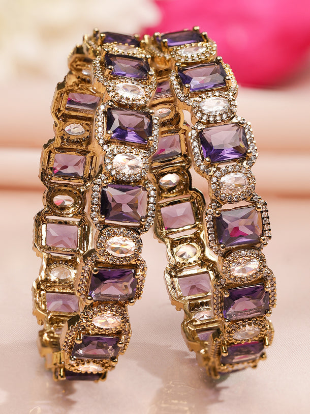 Rubans Set of 2 22K Gold-Plated Amethyst Purple AD & White Cubic Zirconia Studded Premium Bangles