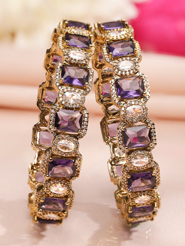 Rubans Set of 2 22K Gold-Plated Amethyst Purple AD & White Cubic Zirconia Studded Premium Bangles