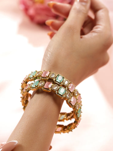 Rubans Set of 2 22K Gold-Plated Pastel Pink, Mint Green & White Cubic Zirconia Studded Premium Bangles