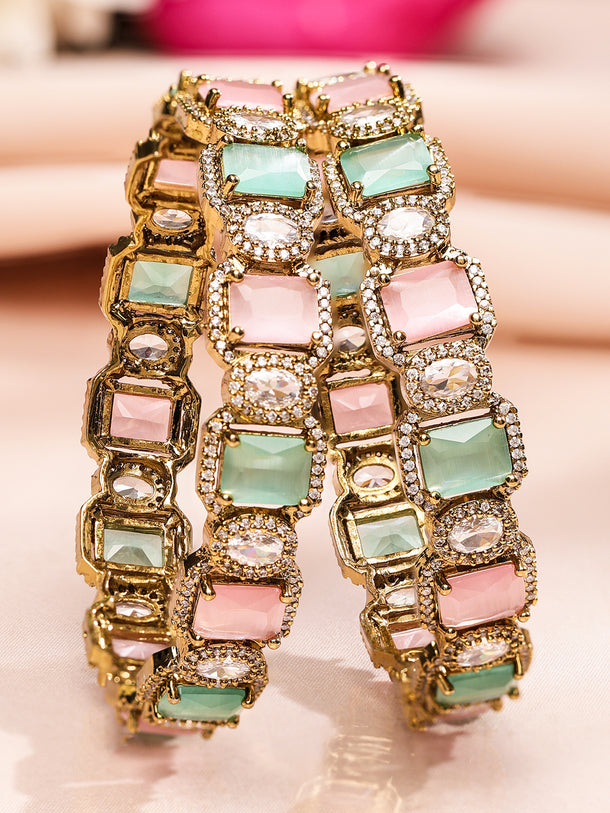 Rubans Set of 2 22K Gold-Plated Pastel Pink, Mint Green & White Cubic Zirconia Studded Premium Bangles