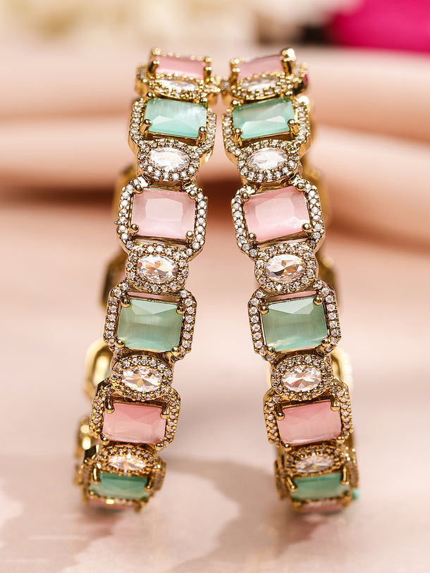 Rubans Set of 2 22K Gold-Plated Pastel Pink, Mint Green & White Cubic Zirconia Studded Premium Bangles