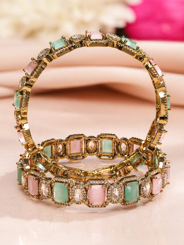 Rubans Set of 2 22K Gold-Plated Pastel Pink, Mint Green & White Cubic Zirconia Studded Premium Bangles