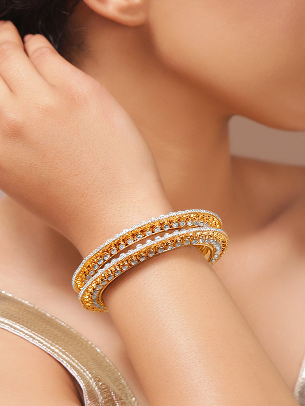 White Studded Gold Kundan Bangles Set Of 2
