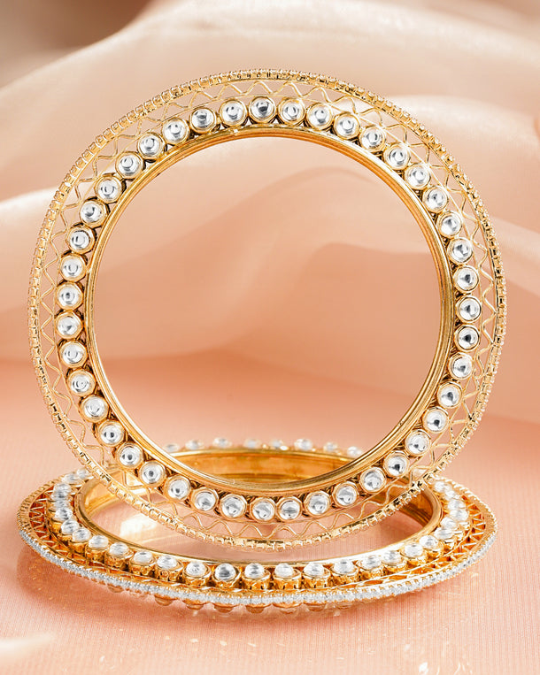 White Studded Gold Kundan Bangles Set Of 2