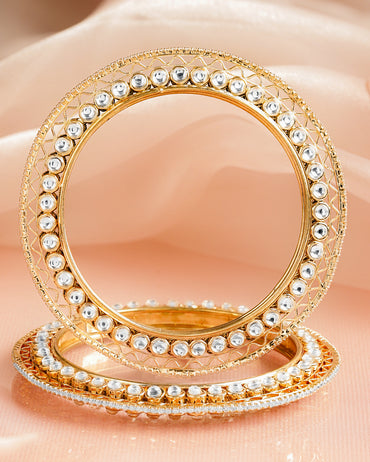 White Studded Gold Kundan Bangles Set Of 2