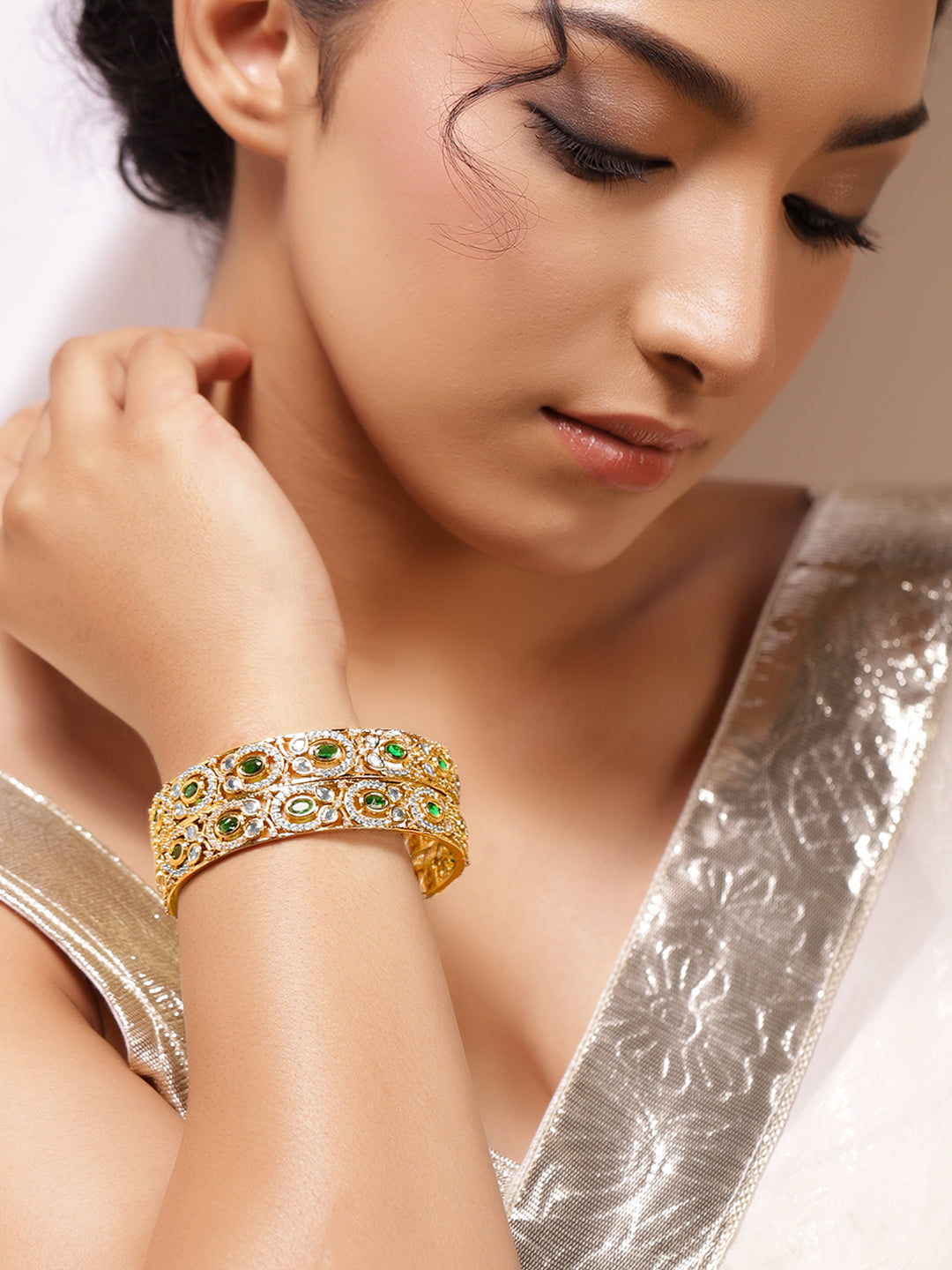 Rubans Set of 2 Emerald Green & White 22K Gold-Plated AD Stones Handcrafted Bangles