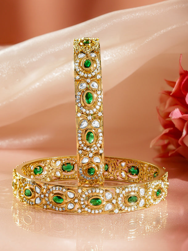 Rubans Set of 2 Emerald Green & White 22K Gold-Plated AD Stones Handcrafted Bangles