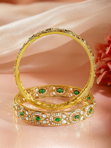 Rubans Set of 2 Emerald Green & White 22K Gold-Plated AD Stones Handcrafted Bangles