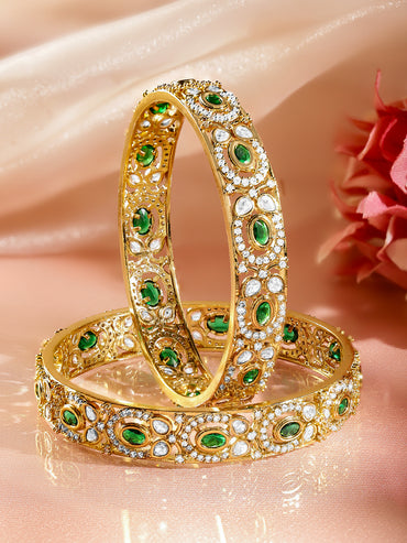 Rubans Set of 2 Emerald Green & White 22K Gold-Plated AD Stones Handcrafted Bangles