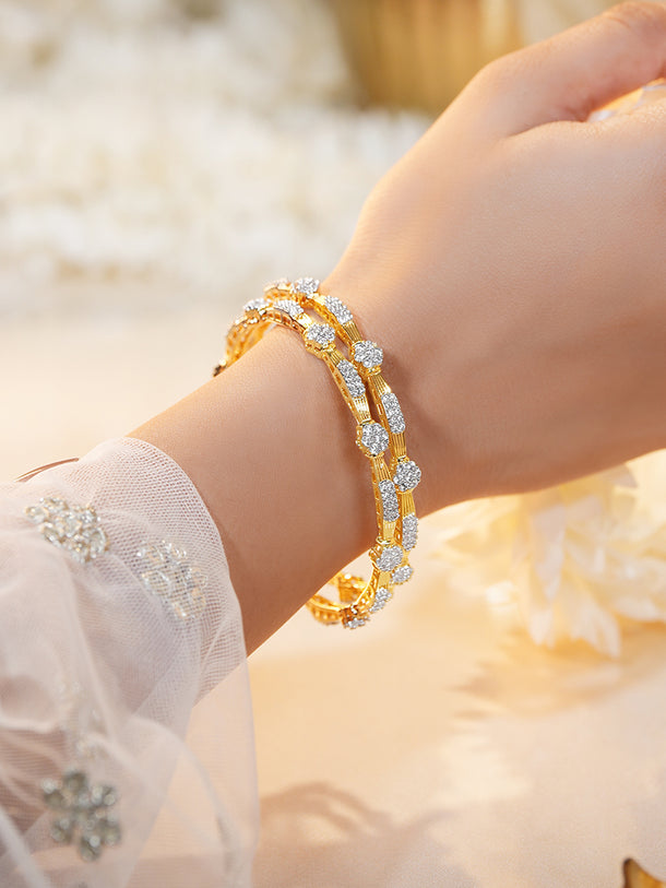 Gold Plated Crystal Cluster Ribbed Bangles Set of 2