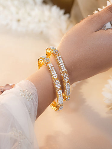 Gold Plated Crystal Bloom Pave Bangles Set of 2
