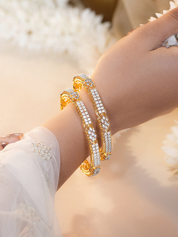 Gold Plated Crystal Bloom Pave Bangles Set of 2