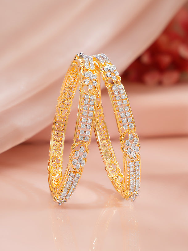 Gold Plated Crystal Bloom Pave Bangles Set of 2