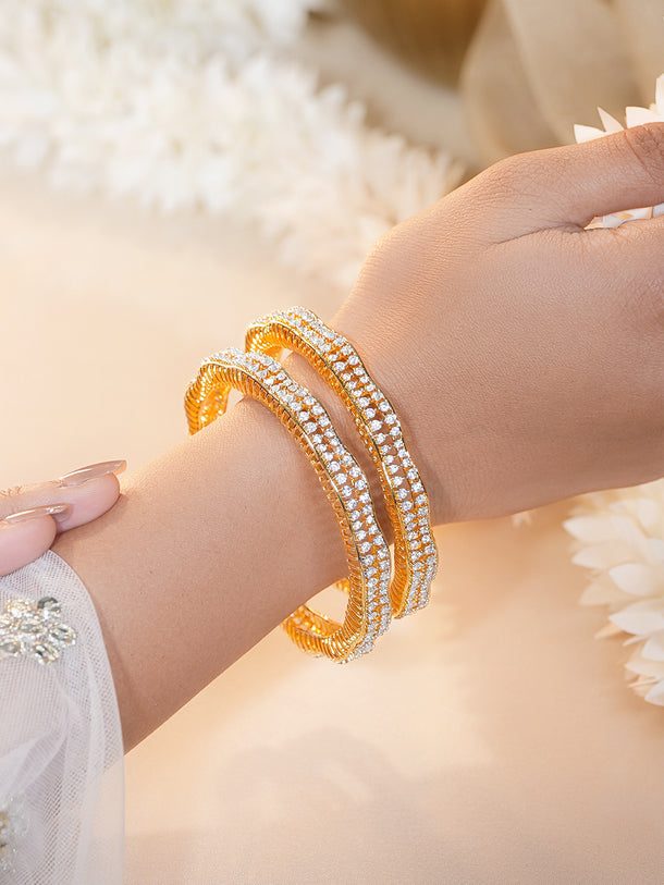 Gold Plated Crystal Lattice Pave Bangles Set of 2