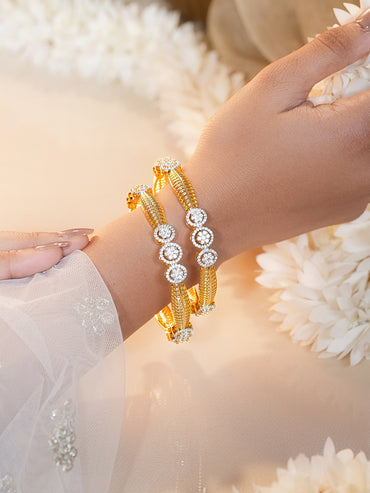 Gold Plated Crystal Floral Medallion Bangles Set of 2