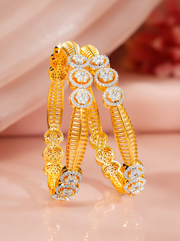 Gold Plated Crystal Floral Medallion Bangles Set of 2