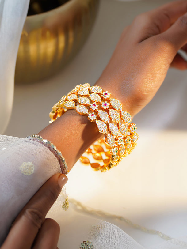 Rubans Set of 2 Gold Plated Pink & Green Studded American Diamond Zirconia Bangles