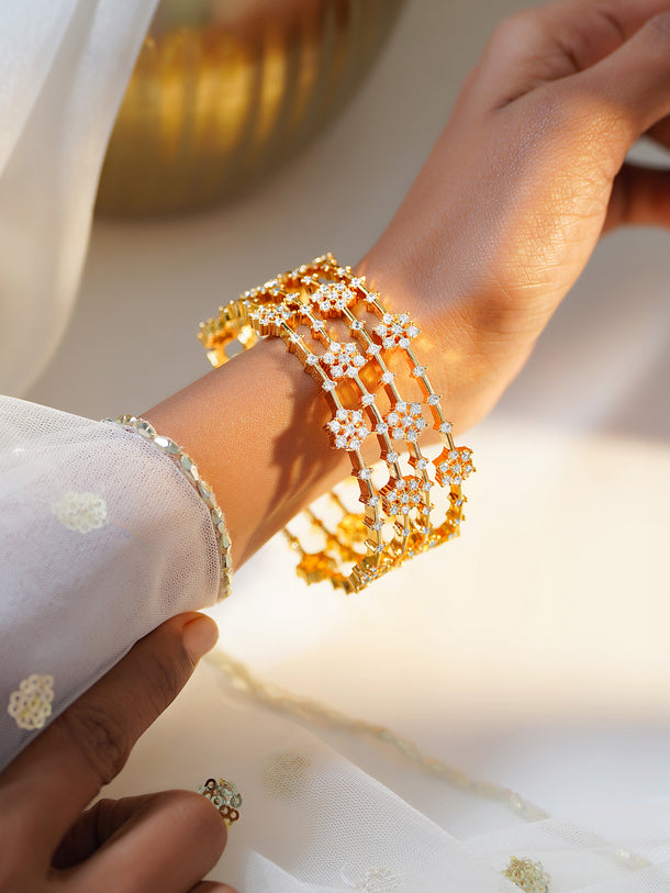 Rubans Set of 2 Gold Plated American Diamond Zirconia Floral Bangles