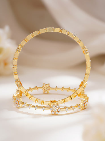 Rubans Set of 2 Gold Plated American Diamond Zirconia Floral Bangles