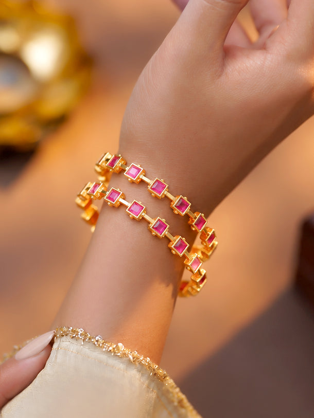 Rubans Set of 2 Gold Plated Cubic Ruby Studded Bangles