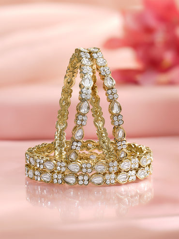 Rubans Set of 4 Gold Plated Teardrop Motif Floral Kundan Bangles