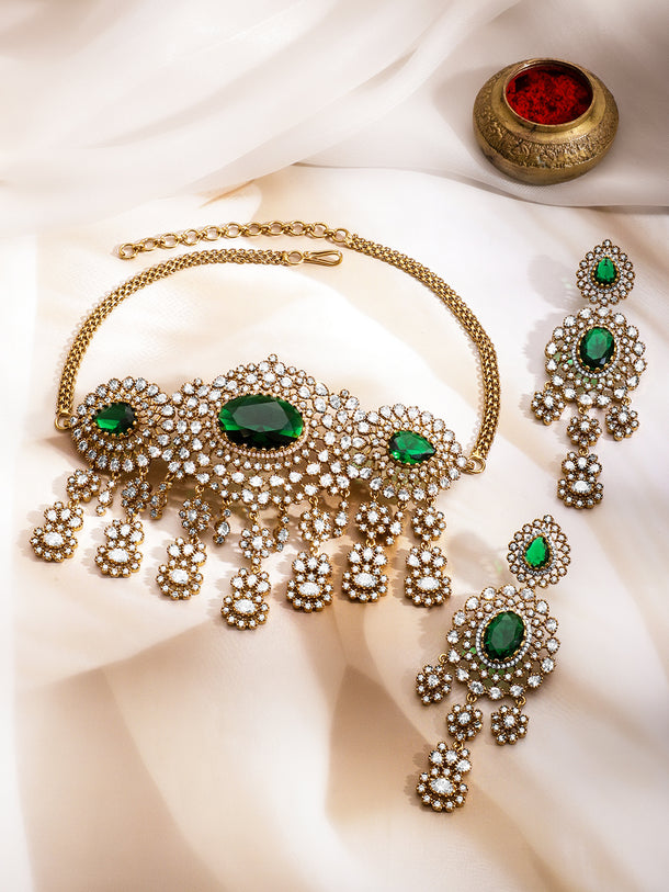 American Diamond Zirconia Emerald Choker Set