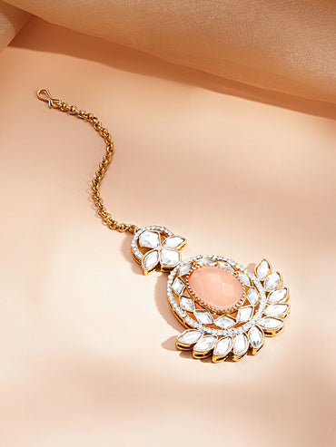 Gold Plated Pearl Beaded Kundan Peach Choker Set With Maangtikka