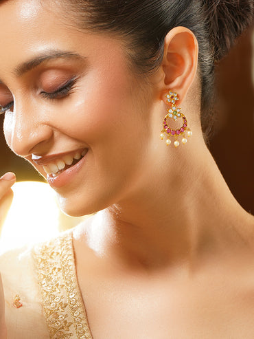 Gold Plated Ruby Pearl Chandbali Earrings
