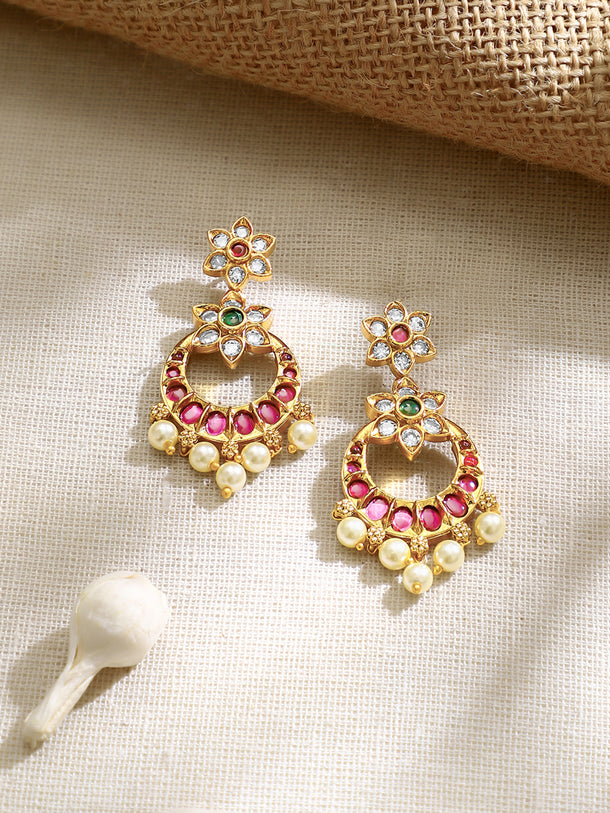 Gold Plated Ruby Pearl Chandbali Earrings
