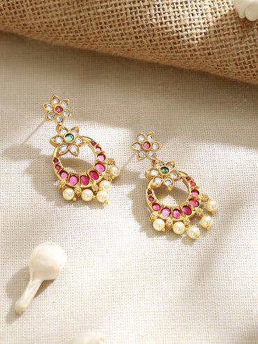 Gold Plated Ruby Pearl Chandbali Earrings