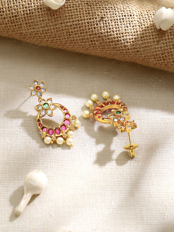 Gold Plated Ruby Pearl Chandbali Earrings