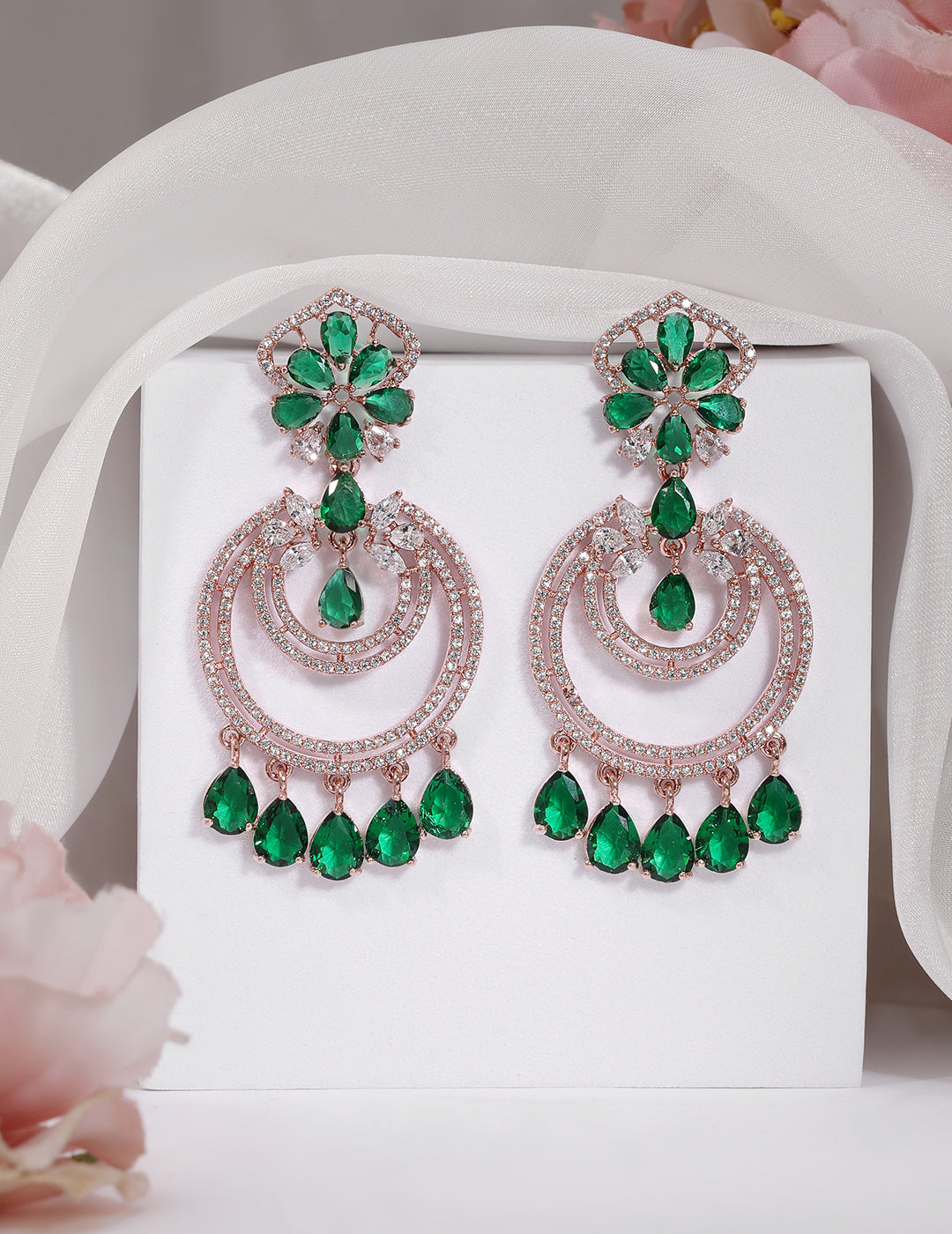 Rubans 18K Gold-Plated Emerald & Zirconia Studded Green Beaded Long Chandbali Earring