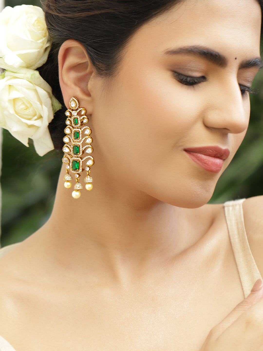 Rubans 22K Gold-Plated Cubic Zirconia Studded Geometric Shaped Drop Earrings