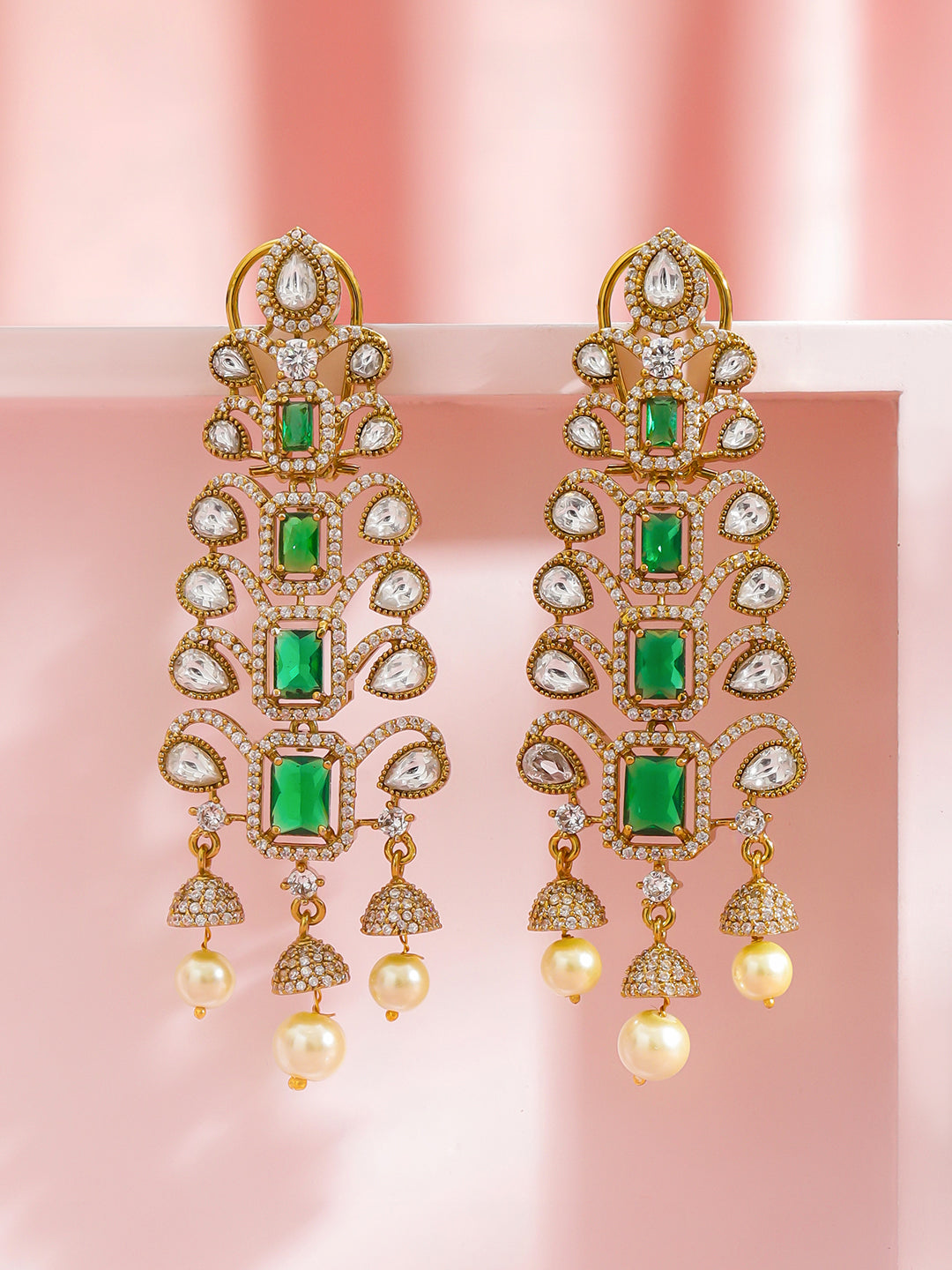 Rubans 22K Gold-Plated Cubic Zirconia Studded Geometric Shaped Drop Earrings