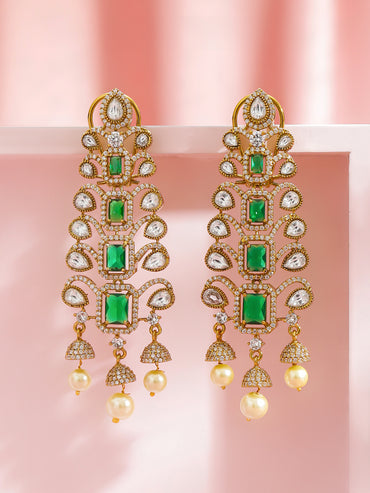Rubans 22K Gold-Plated Cubic Zirconia Studded Geometric Shaped Drop Earrings