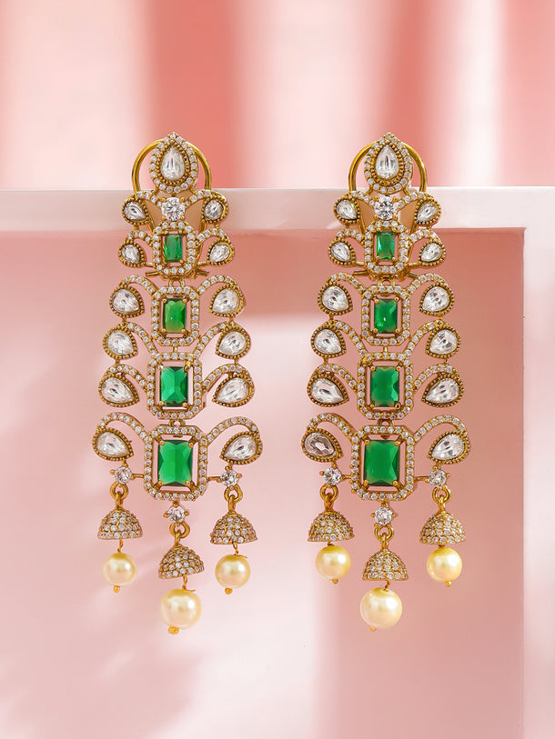 Rubans 22K Gold-Plated Cubic Zirconia Studded Geometric Shaped Drop Earrings
