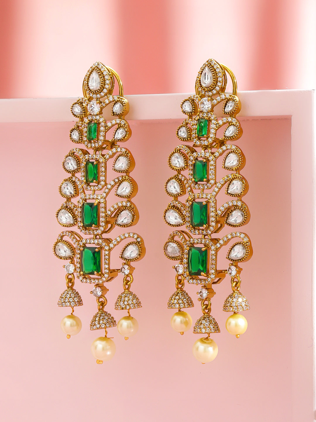 Rubans 22K Gold-Plated Cubic Zirconia Studded Geometric Shaped Drop Earrings