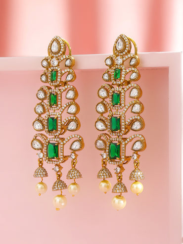Rubans 22K Gold-Plated Cubic Zirconia Studded Geometric Shaped Drop Earrings